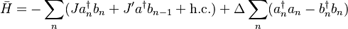 \bar H = -\sum_n(Ja^\dagger_n b_n+J'a^\dagger b_{n-1}+\text{h.c.})+\Delta\sum_n(a^\dagger_n a_n-b^\dagger_n b_n)