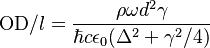 \text{OD}/l = \frac{\rho \omega d^2 \gamma}{\hbar c \epsilon_0 (\Delta^2 + \gamma^2/4)}