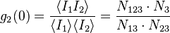 g_2(0) = \frac{\langle I_{1} I_{2}\rangle}{\langle I_{1} \rangle \langle I_{2} \rangle} = \frac{N_{123} \cdot N_3}{N_{13} \cdot N_{23}} 